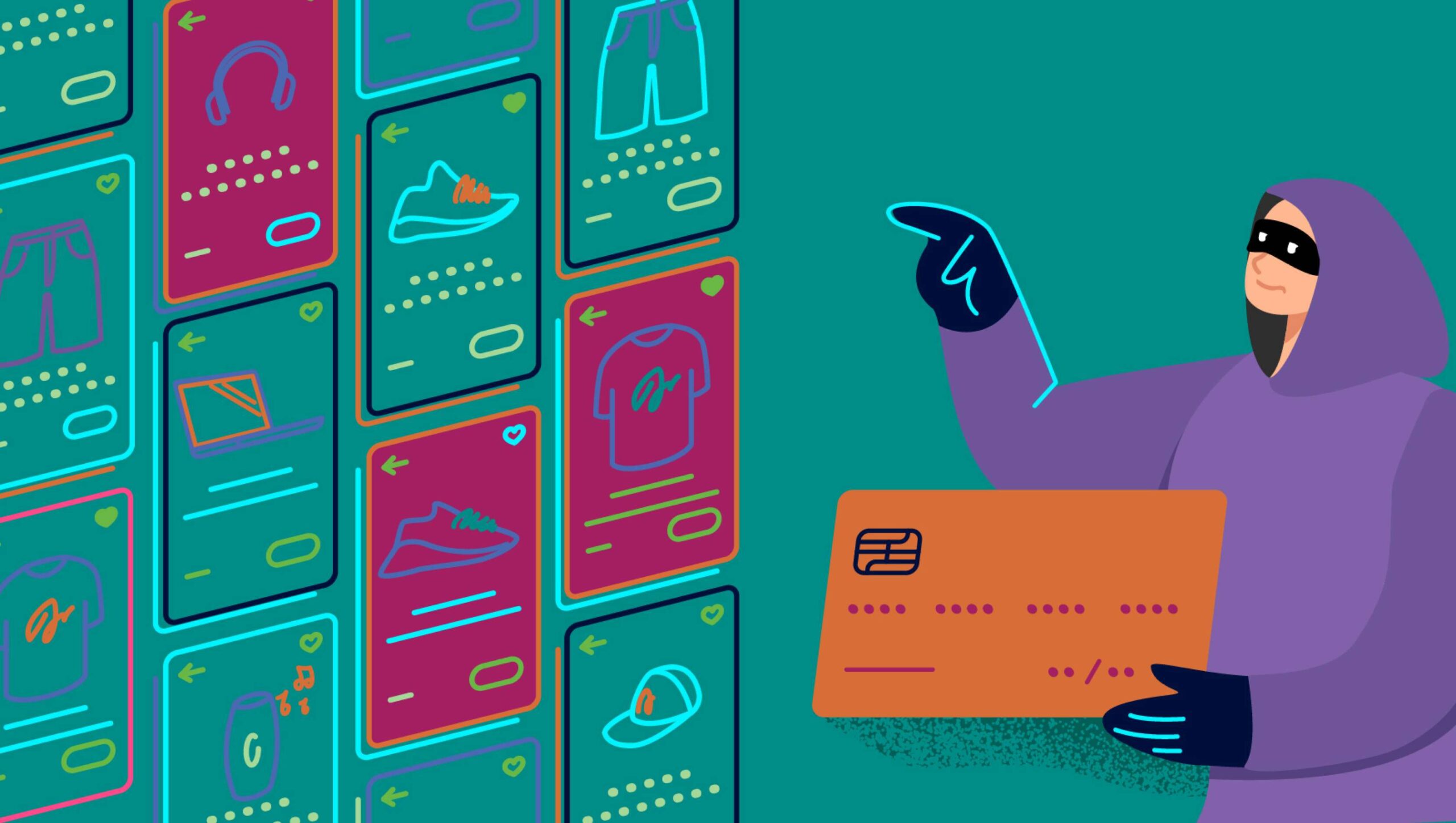 Illustration of person wearing criminal mask looking for items to buy and commit first-party fraud